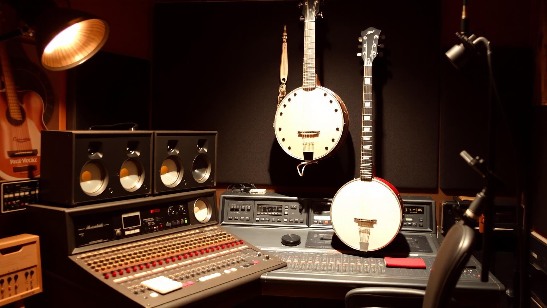 Vintage recording studio with analog console, mandolin and banjo